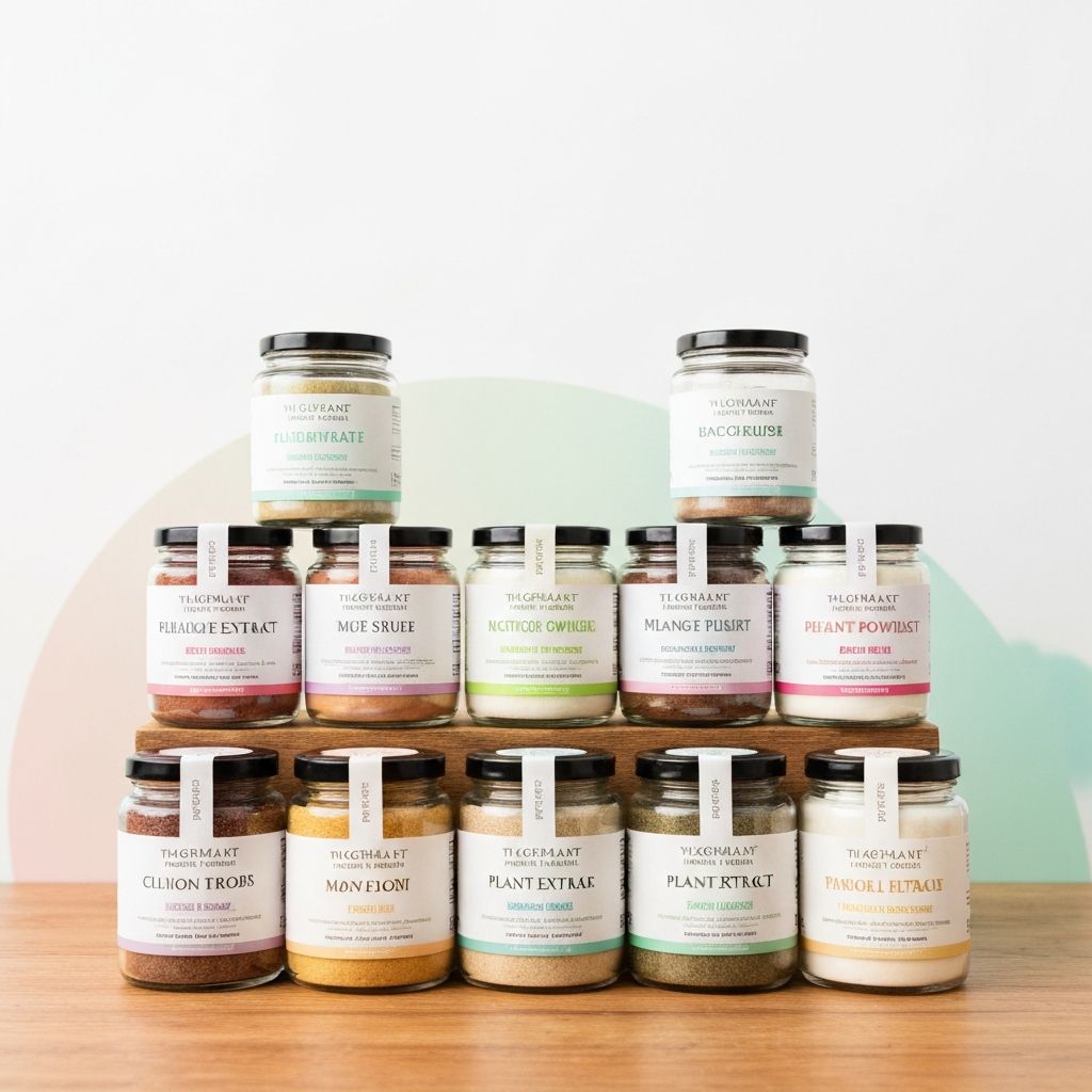 Funktionales Pulver und pflanzliche Extrakt-Supplements in Gläsern, professionelle Wellness-Anzeige